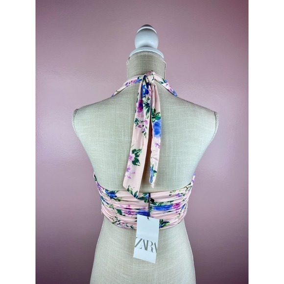 Zara Women's Pink Floral Ruched‎ Halter Crop Tank Size S - Picture 3 of 8